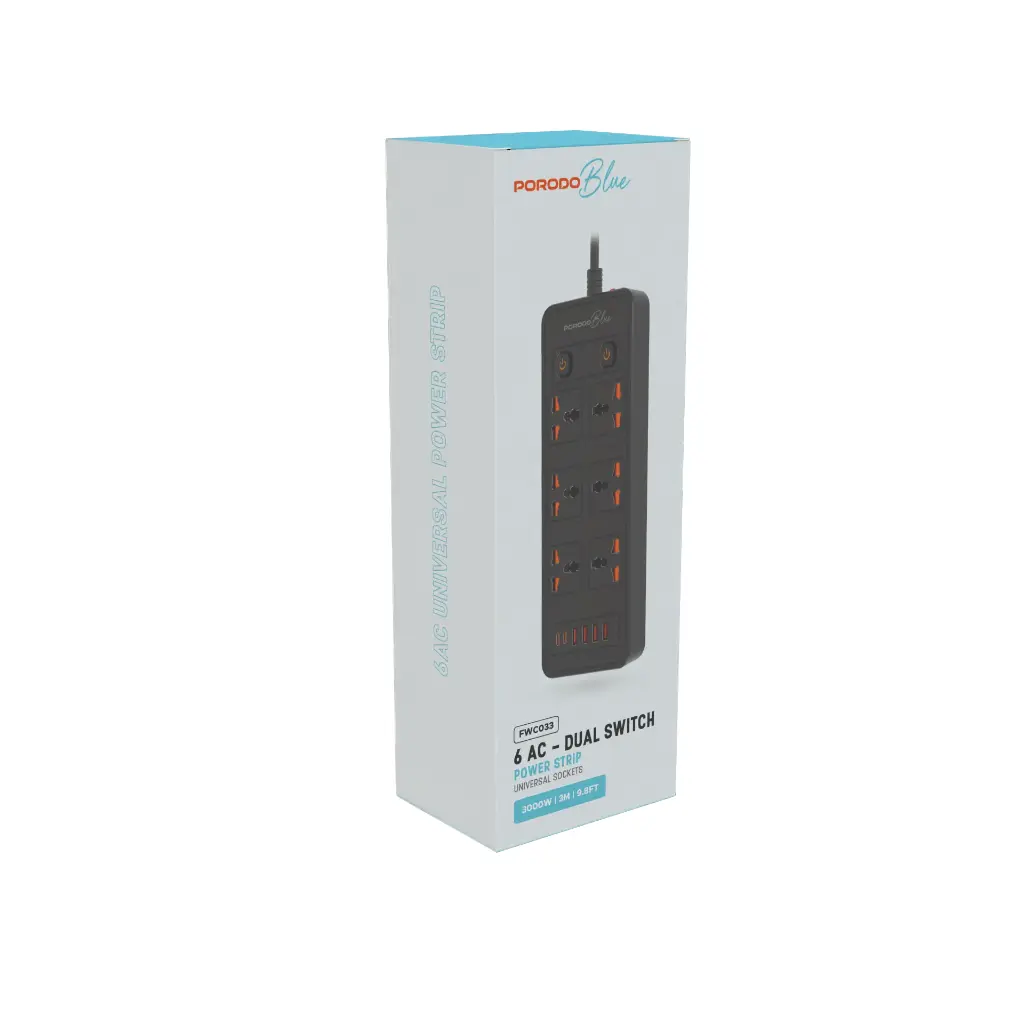 Porodo Blue FWC033 6 AC-Dual Switch Power strip Universal Sockets 3000w 3M 9.8FT 2 USB Output 4 USB-A Output PB-FWCH033-BK