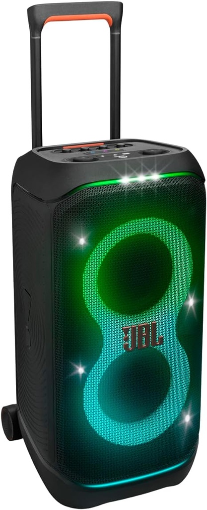 JBL PartyBox Stage 320 - Portable party speaker with telescopic handle & wide, sturdy Wheels, Powerful JBL Pro Sound, Futuristic light show, Up to 18 hours of playtime, Splash proof (Black)