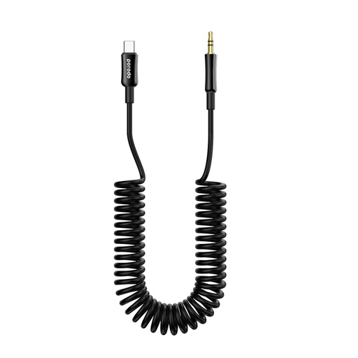 Porodo 3.5mm Type-C Aux Coiled Audio Cable tangle Free design PD-CAXCC-BK Type C to AUX Coil Cable 1.2M - Black