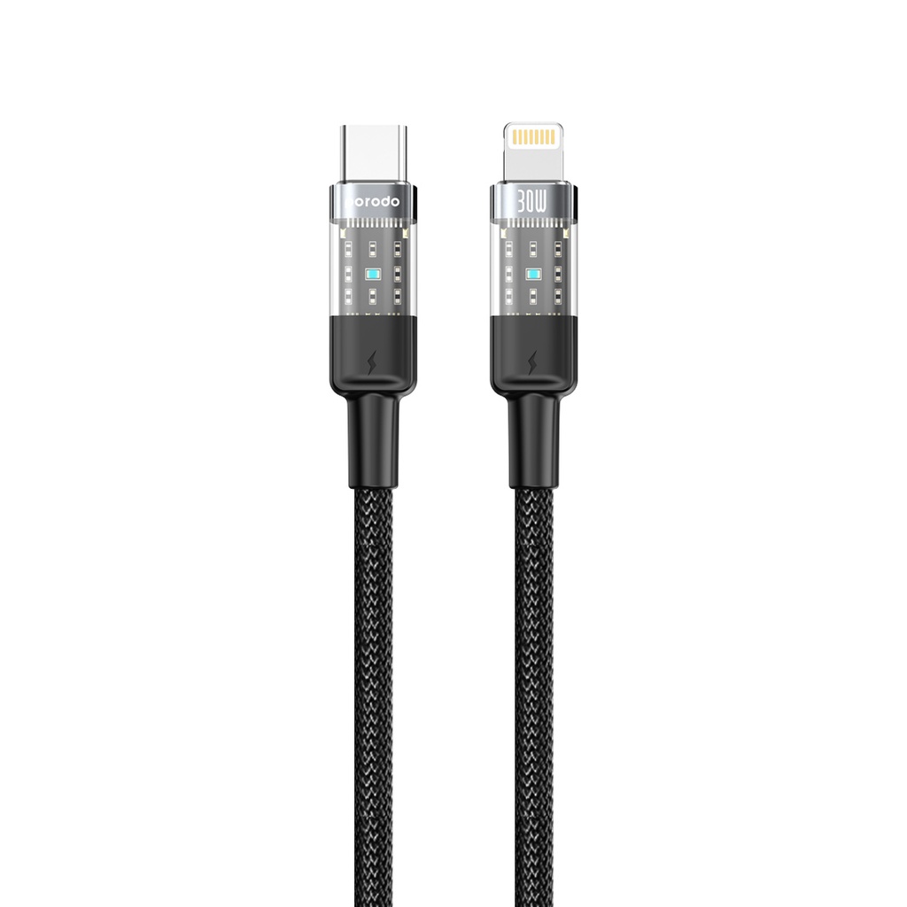 Porodo Braided Cable Transparent USB-C to Lightning 4ft 1.2M 480Mbps Tangle Free PD-30WCLTH-BK 30W PD C to Lightning