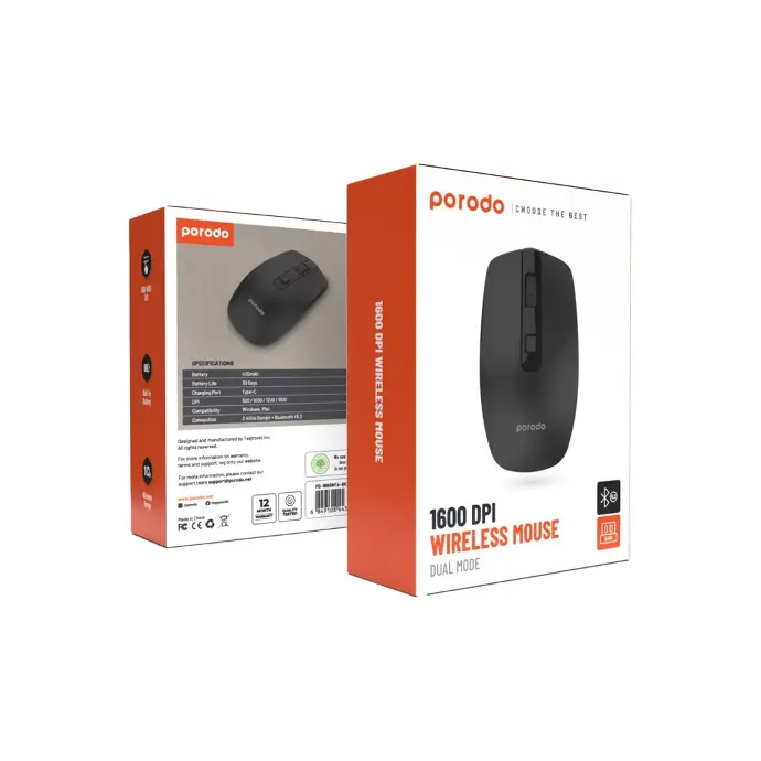 Porodo Wireless Mouse 1600DPI Dual Mode BT5.2 Speed 2.4G 400 Mah 30 days PD-WBRM16-BK