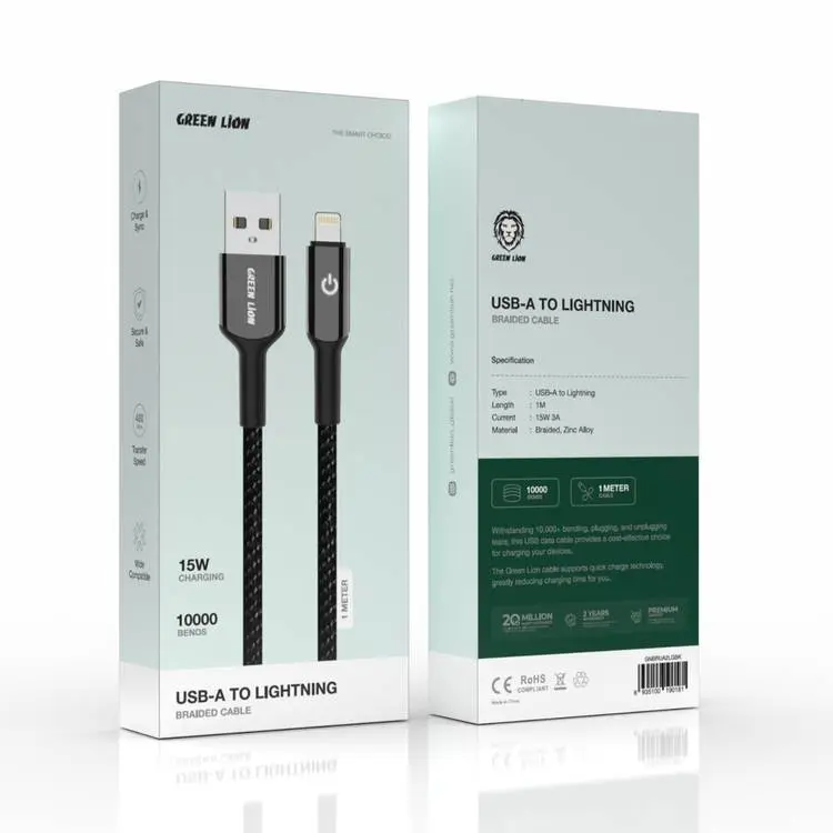 Green Lion USB-A to Lightning Braided Cable 15W 3A 10000 Bends - Black GNBRUA2LGBK