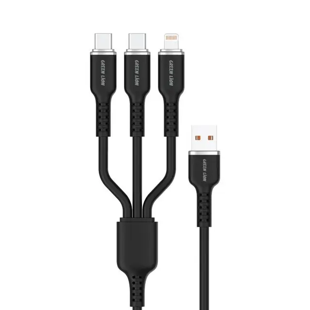 Green Lion 3in1 Silicone Cable, 60W 10000 Bends Charge & Sync, 1.2M, GN3IN1SICABK