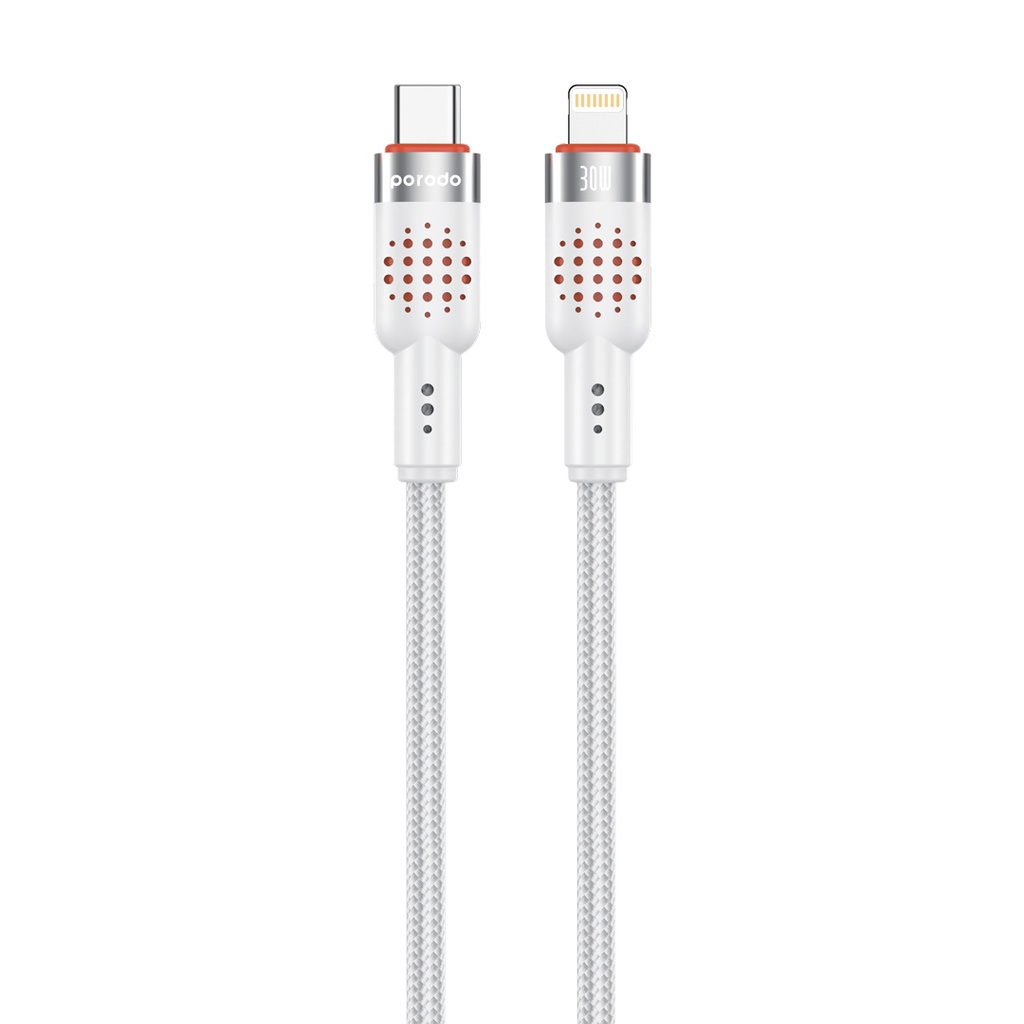 Porodo USB-C TO Lightning Aluminum Braided Cable CBL010 4FT 1.2M PD30W Data and Fast Charge than 15000 Bends Life Span, Tangle Free - Black PD-CBL0010-WH 480mbps
