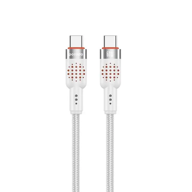 Porodo USB-C TO USB-C Aluminum Braided Cable CBL009 4FT 1.2M PD30W Data and Fast Charge than 15000 Bends Life Span, Tangle Free - Black PD-CBL0009-WH 480mbps 