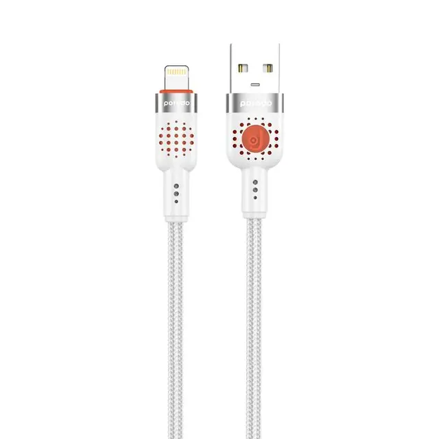Porodo Aluminum Alloy Braided Cable USB-A to Lightning 1.2, 480Mbps Transfer Speed, 2.4A, more than 15000 Bends Life Span, Tangle Free - White PD-CBL0013-WH