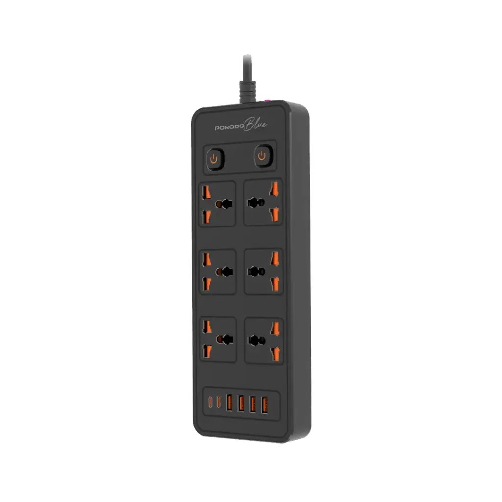 Porodo Blue FWC033 6 AC-Dual Switch Power strip Universal Sockets 3000w 3M 9.8FT 2 USB Output 4 USB-A Output PB-FWCH033-BK