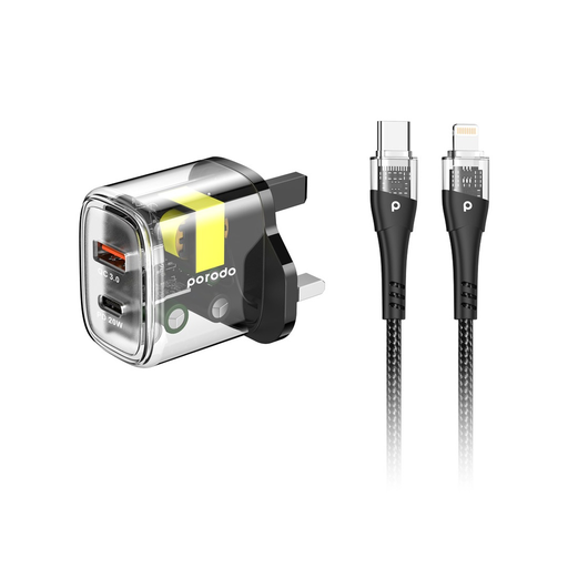 Porodo Dual Output Transparent Quick Charger USB-C PD and USB-A QC PD 20W QC 18W 1.2M USB-C To Lightning Cable included PD-T20WACCL-BK