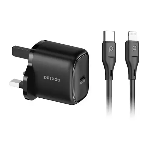 Porodo USB-C Power Delivery Quick Charger PD 20W  1.2M USB-C to Lightning Cable included PD-C20WSCL-BK