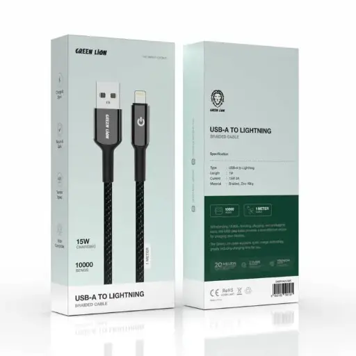 Green Lion USB-A to Lightning Braided Cable 15W 3A 10000 Bends - Black GNBRUA2LGBK