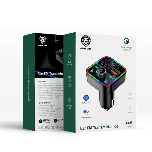Green Lion Car FM Transmitter Kit 30W Max BT5.3 QC 3.0 Siri and Google Assistant GNCARTRKITBK
