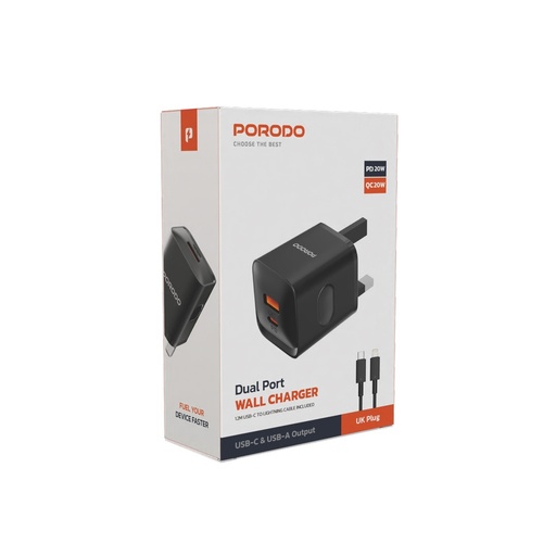 Porodo Dual Port Wall Charger UK, PD 20W, QC 20W, Over-Heat Protection, Simultaneous Charging with 1.2M USB-C to Lightning Cable included FWC022 - Black PD-FWCHO22-L-BK