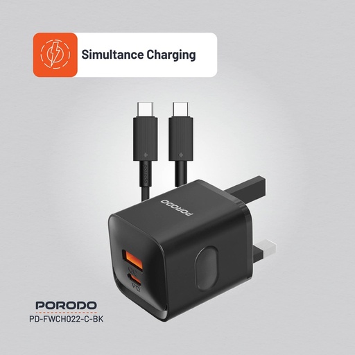 Porodo Dual Port Wall Charger UK, PD 20W, QC 20W, Over-Heat Protection, Simultaneous Charging with 1.2M USB-C to USB-C Cable included FWC022 - Black PD-FWCHO22-C-BK 