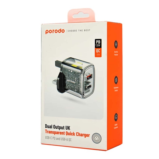 Porodo Dual Output Transparent Charger with 2.4ghz Auto ID Technology with 1.2M USB-A To USB-C Cable PD-T12WDAUKC-BK