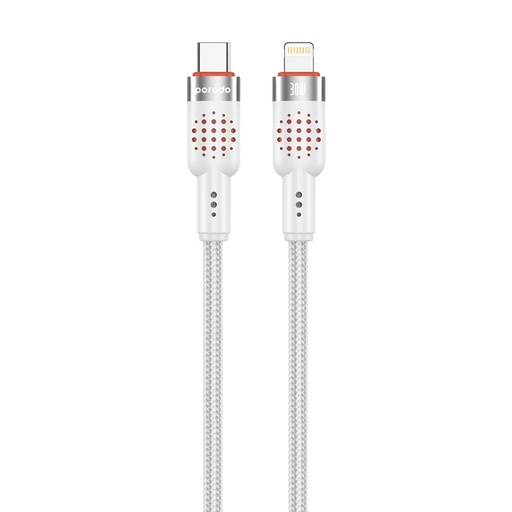 Porodo USB-C TO Lightning Aluminum Braided Cable CBL010 4FT 1.2M PD30W Data and Fast Charge than 15000 Bends Life Span, Tangle Free - Black PD-CBL0010-WH 480mbps