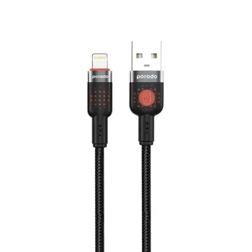Porodo Aluminum Alloy Braided Cable USB-A to Lightning 1.2, 480Mbps Transfer Speed, 2.4A, more than 15000 Bends Life Span, Tangle Free - Black PD-CBL0013-BK