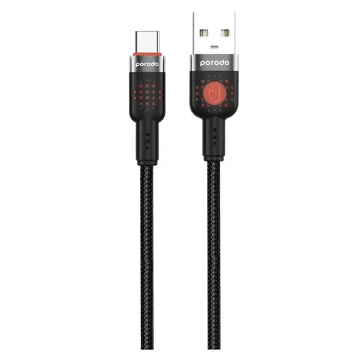 Porodo Aluminum Shell Alloy Braided Cable USB-A to Type-C 1.2m, 480Mbps Transfer Speed, more than 15000 Bends Life Span, Tangle Free - Black PD-CBL0012-BK