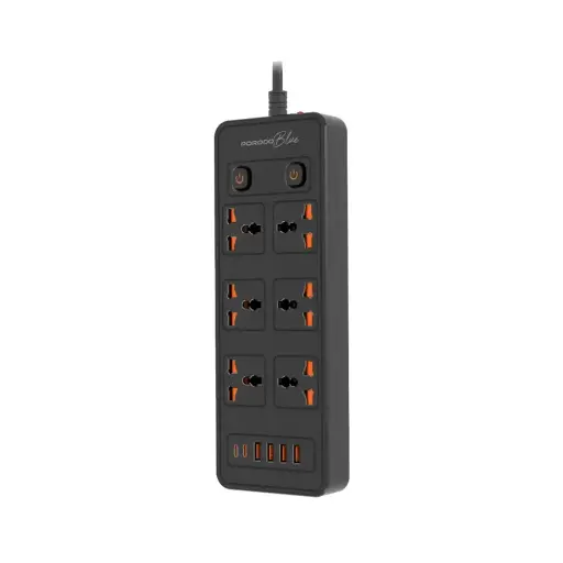 Porodo Blue FWC033 6 AC-Dual Switch Power strip Universal Sockets 3000w 3M 9.8FT 2 USB Output 4 USB-A Output PB-FWCH033-BK
